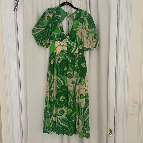 knee length dresses for ladies Brown and Blue Tropical Flight Stripes Organic Cotton Midi Dress – FARM Rio main image 0